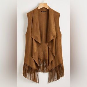 SHEIN Fringe Trim Open Front Vest - Camel